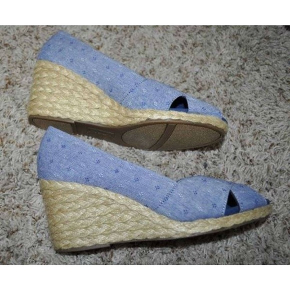 Womens Espadrille Wedge Sandals Chaps Blue Dot Chambray 7 Dakota Peep Toe - Picture 4 of 5
